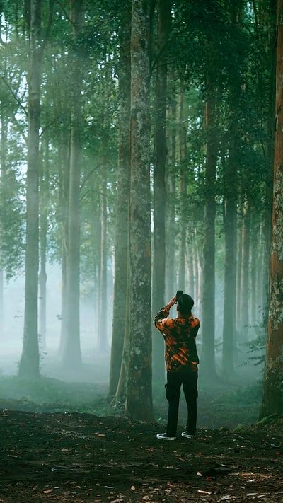 黑夹克男子站在树林里
